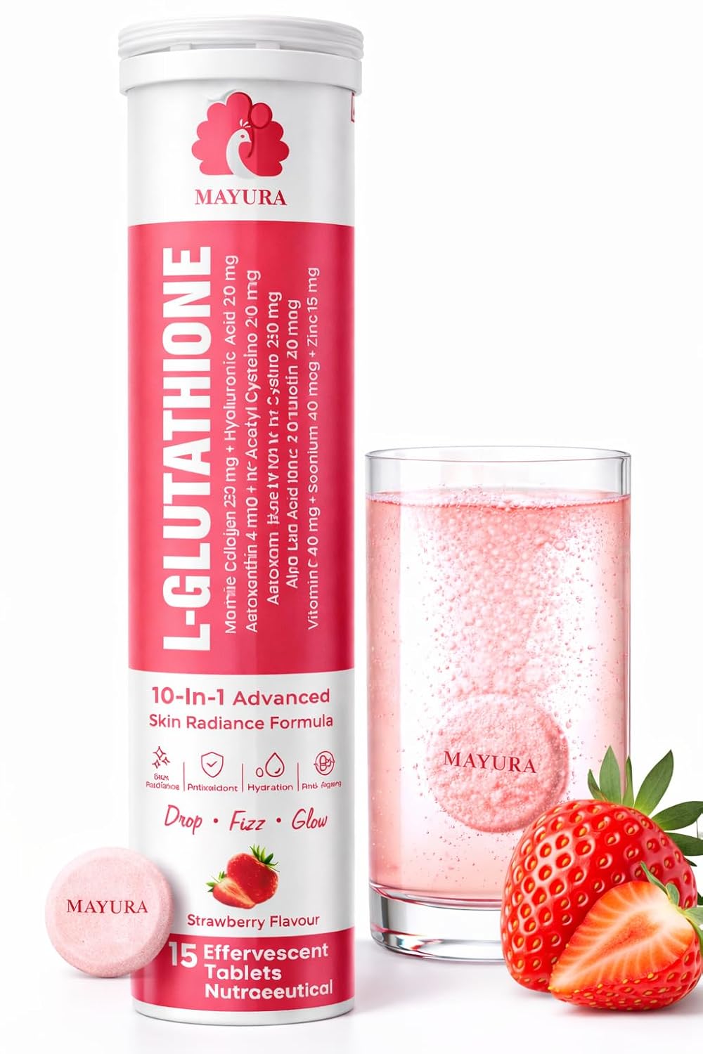 MAYURA’S L-Glutathione 500mg Effervescent Tablets | 10-in-1 Advanced Skin Radiance Formula with Marine Collagen, Hyaluronic Acid, Astaxanthin, Vitamin C, NAC, ALA, Biotin, Selenium & Zinc | Skin Glow, Brightening, Hydration, Detox Support ,Antioxidant & Anti Ageing Supplement | Strawberry Flavour | 15 Tablets