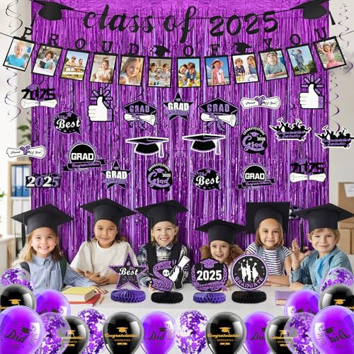 Image of FRAMICS Graduation Decorations 2025, Graduation Banner Class of 2025, Graduations Photo Banner, Tinsel Backdrop Curtains, Ballons & Streamers Kit, Graduations Party Decorations, 82 Pieces, Purple