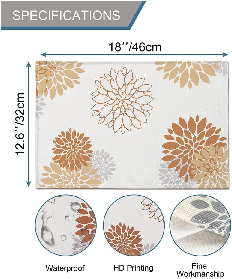 Orange Placemat Dahlia Pinnata Flower Beige Burlap Waterproof Rectangular Place Mats Set of 4 Modern Washable Farmhouse Table Decor for Kitchen Dining Home Party Indoor Outdoor 12 x 18 Inch image 4