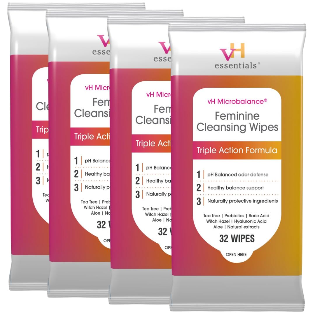 vH essentials Feminine Cleansing Wipes, 32 ct. 4 pk - pH Balanced, Prebiotics, Tea Tree & Aloe, Soothing Witch Hazel, Odor-Blocking Formula, Vaginal