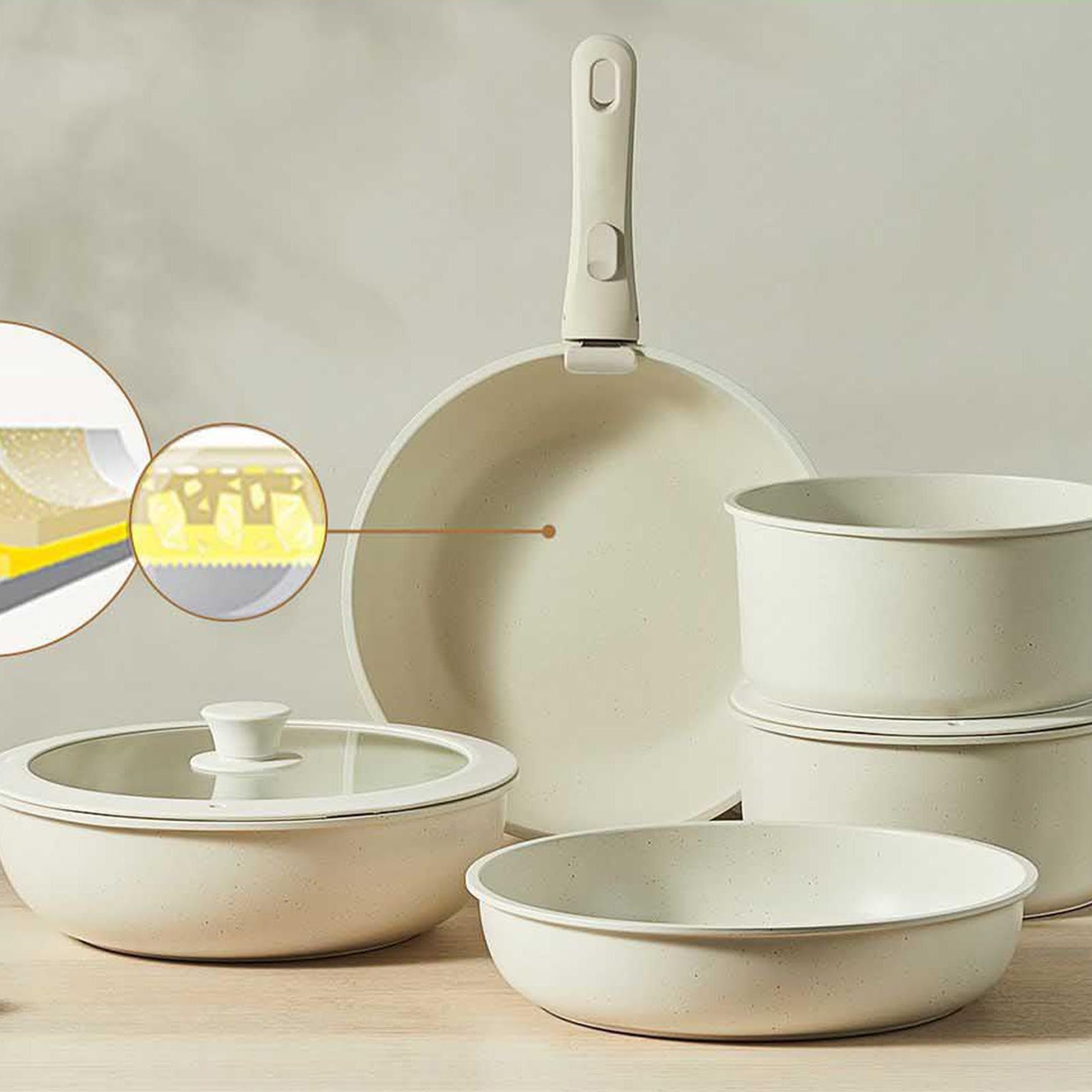 Batterie de cuisine sûre – Casseroles à poignée amovible, poêle à frire | antiadhésive, collection d'ustensiles de cuisine blanc crème | Ensemble de casseroles à poignée amovible, équipement culinair