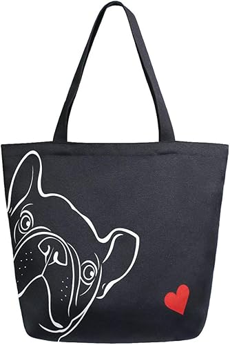ALAZA - Linda bolsa de lona grande con diseño de bulldog pug negro francés, reutilizable, para compras, con asas, resistente, lavable