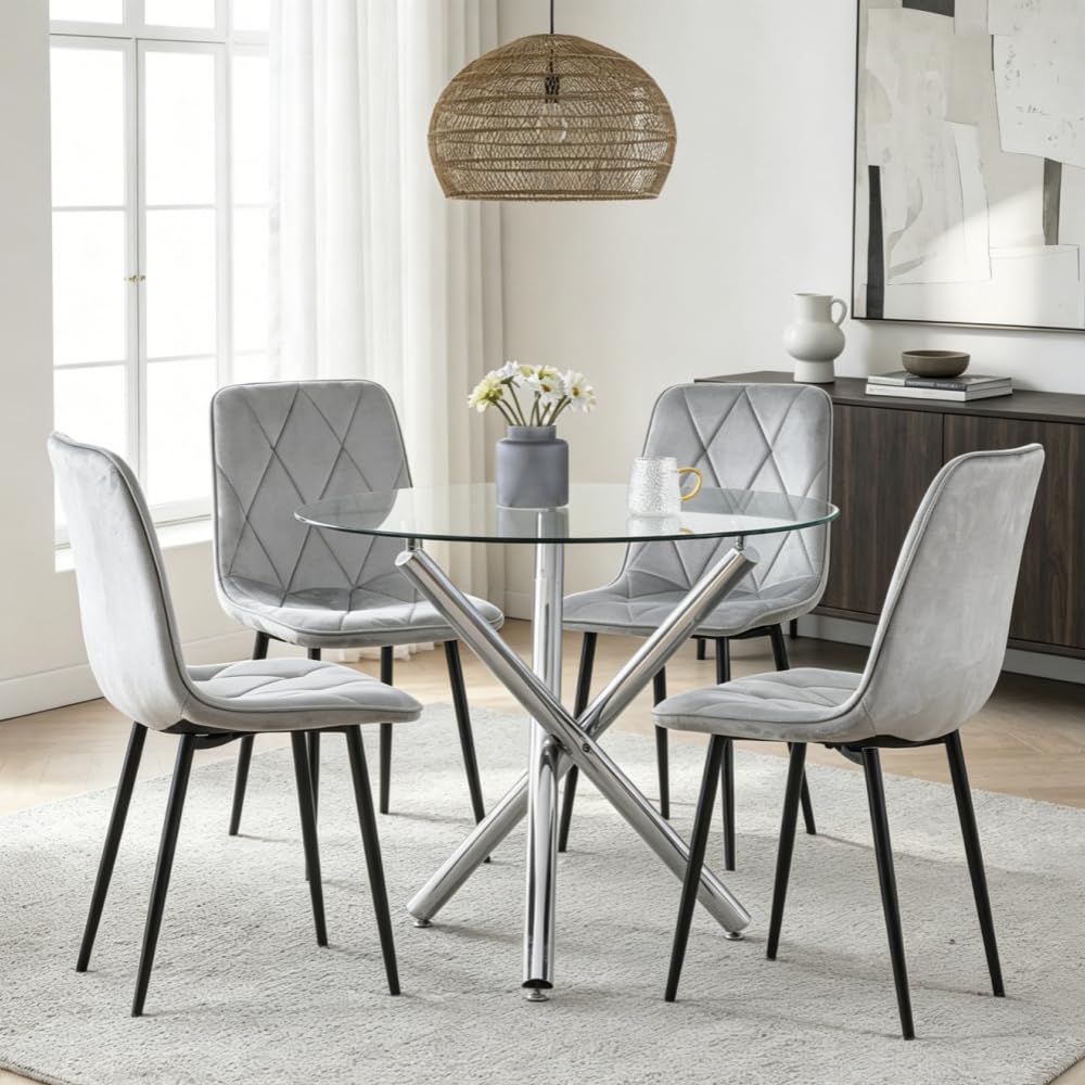 Menaka Round Dining Table and Chairs Set of 4 for Kitchen Diner, 5 Pieces Oak Wood Table with 4 Chairs for Compact Dinette Restaurant (4 argyle grid grey velvet chairs, 90cm Clear Glass Table) — image 1