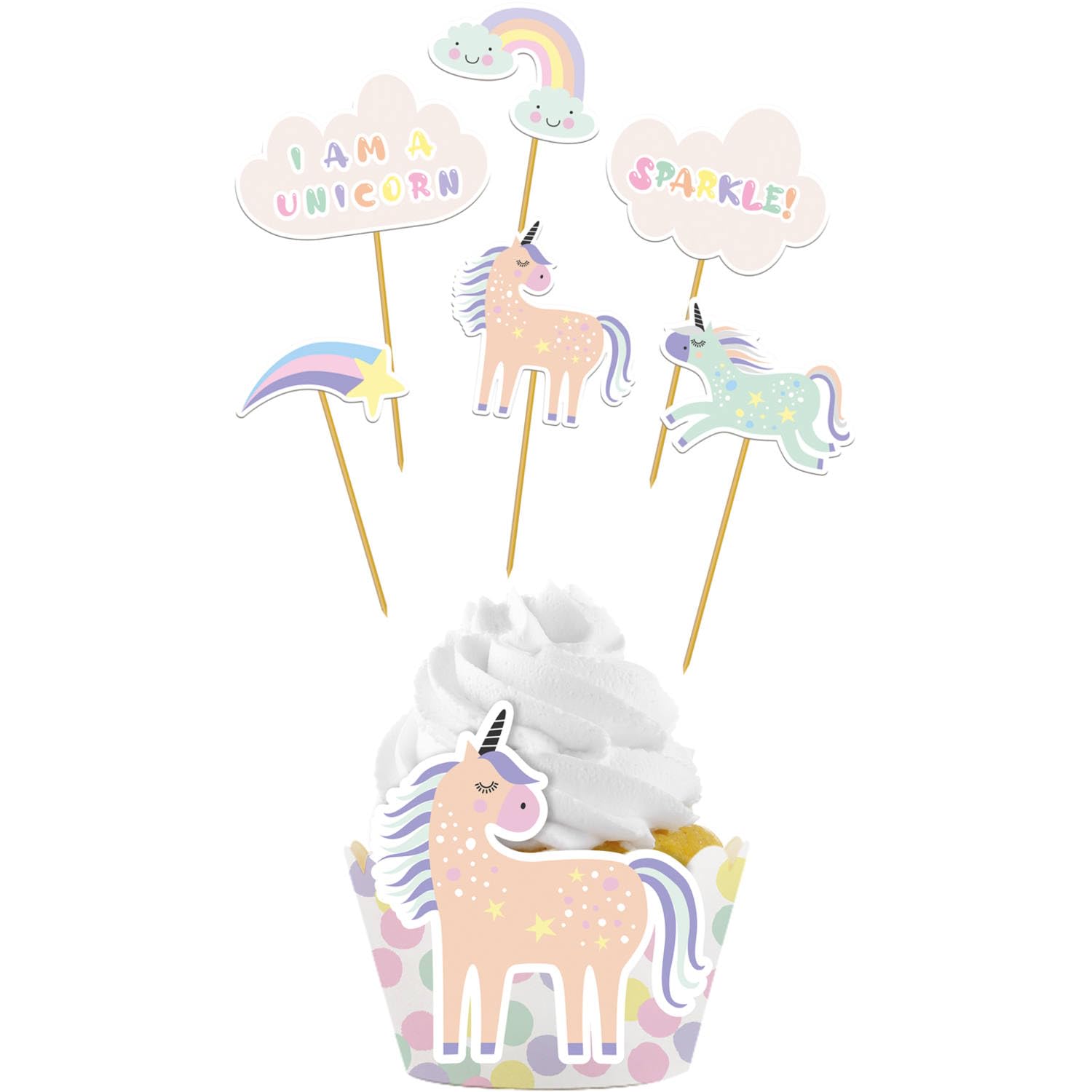 Folat 68303 Cupcake Decoration Set Unicorns & Rainbows, 12 Pieces, Multi-Coloured