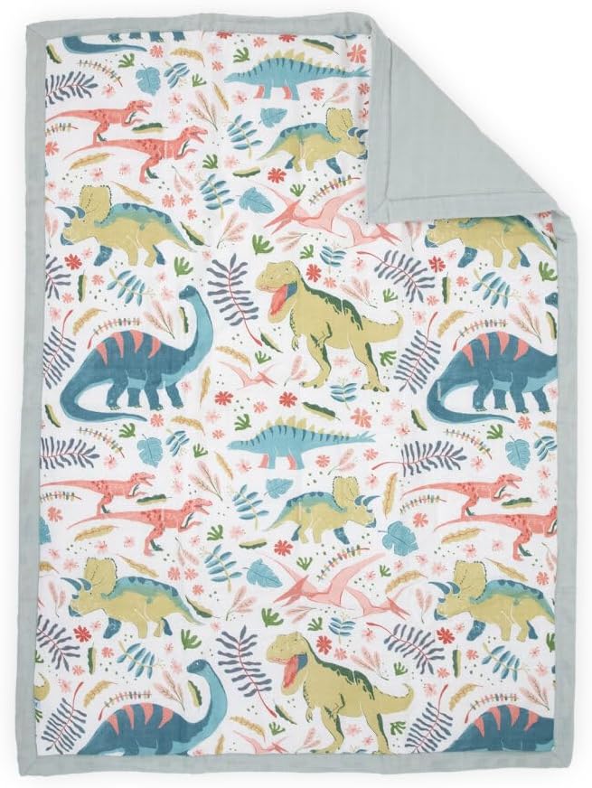 Little Unicorn Muslin Comforter Blanket | Soft & Breathable Muslin Fabric | 36"x50" | 100% Cotton | Crib & Toddler Bed Blanket (Boho Dino)