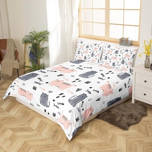 Feelyou Cat Duvet Cover Set Cute Cat And Fish Comforter Cover For Kids Kawaii Kitten Printed Bedding Set 1 Duvet Cover & 2 Pillowcases #TOP2