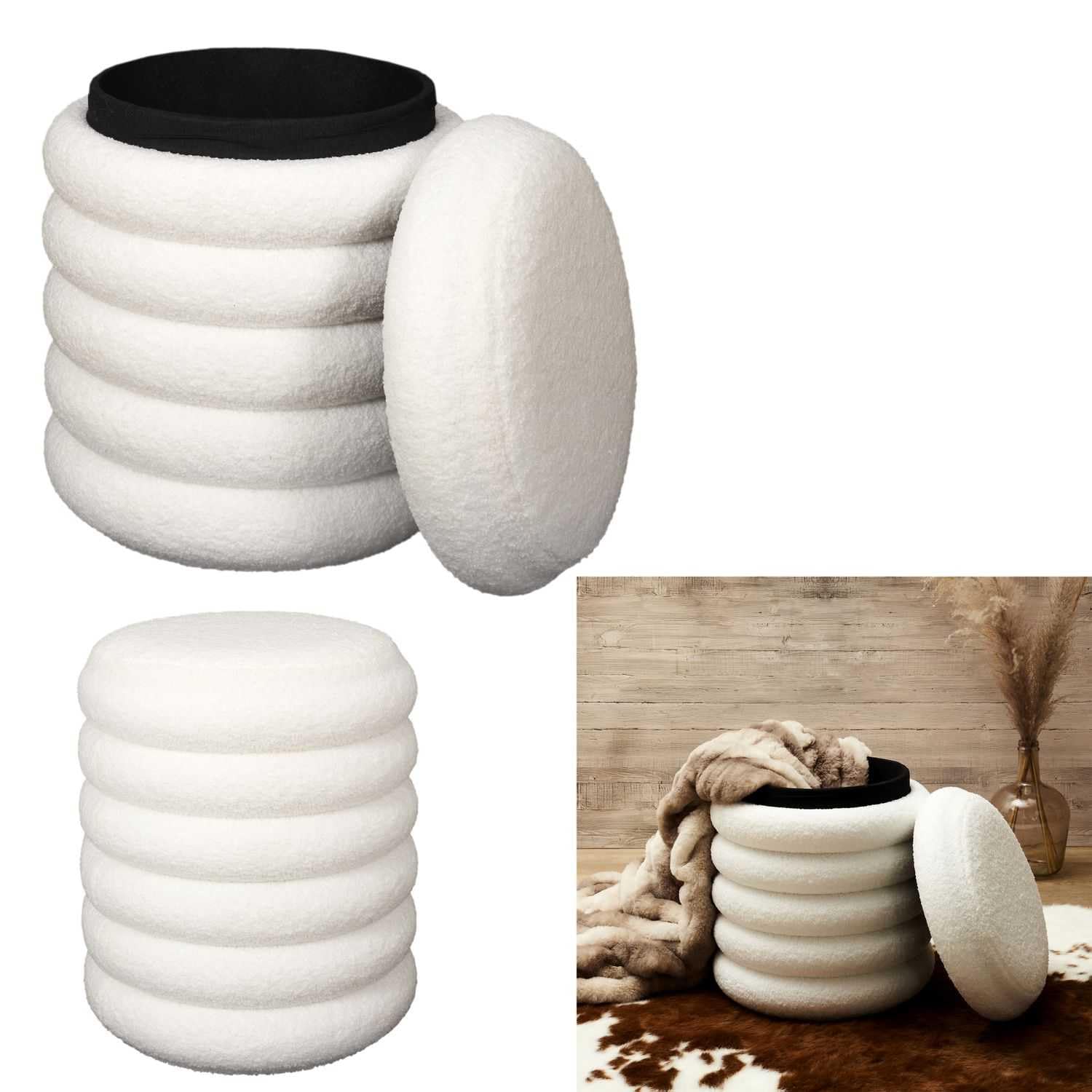 HOME DECO FACTORY Pouf de Rangement Bouclette Freya Assise et Coffre Blanc | Bois MDF et bouclette, pouf de rangement Freya, assise et coffre, salon ou chambre, 37x37x43,5 cm, blanc