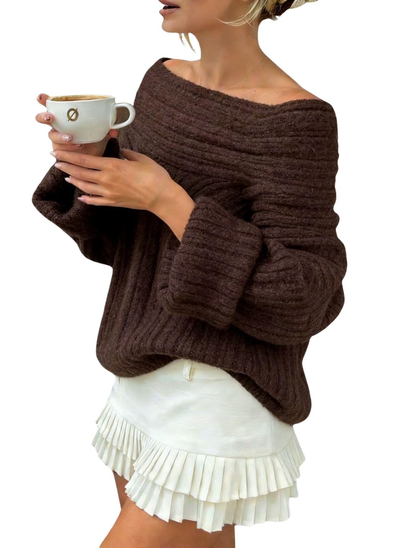 Verdusa Womens Off The Shoulder Chunky Sweater Cozy Sweaters Long Sleeve Fall Clothes Pullovers Tops