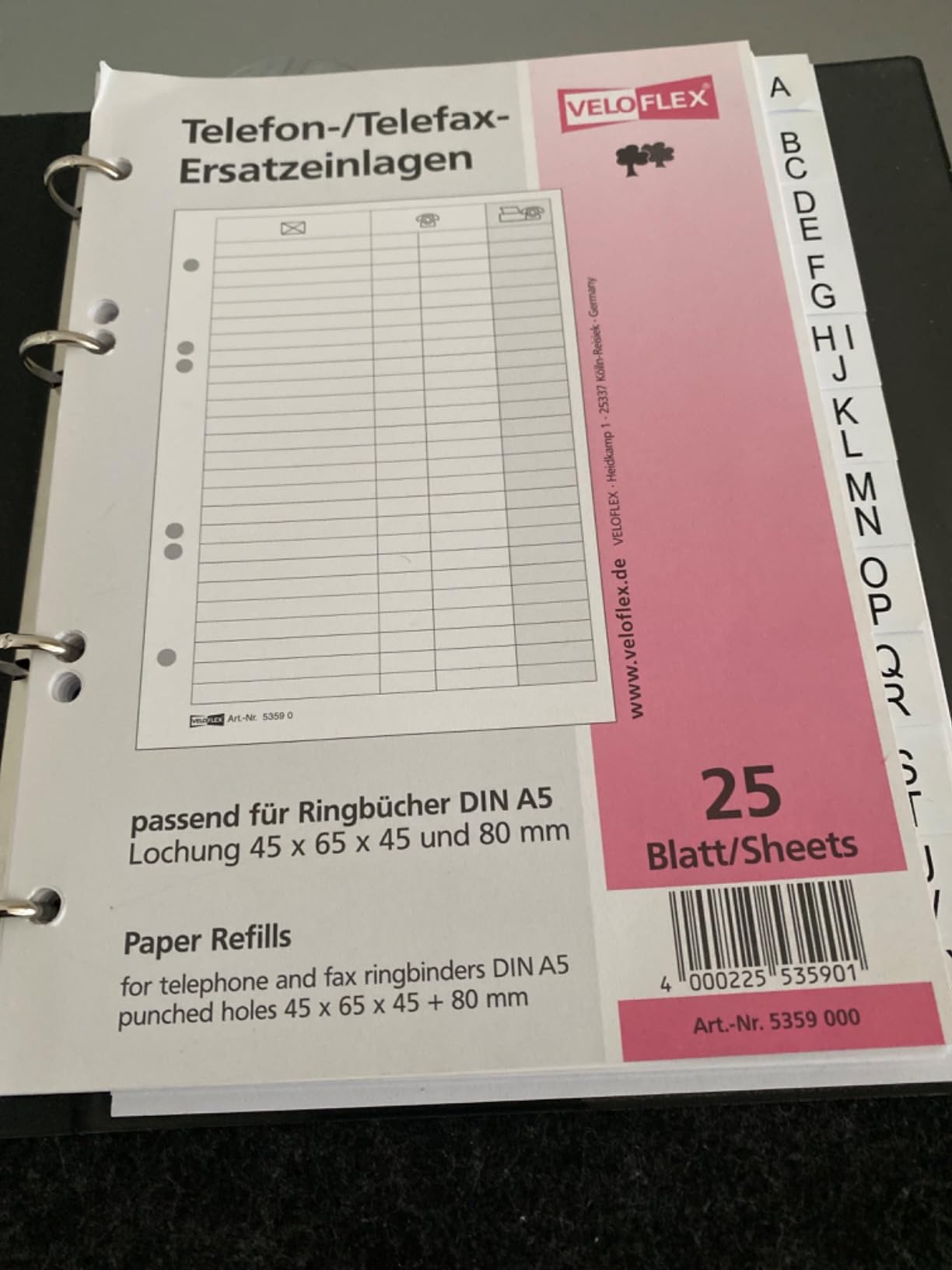 Répertoire Téléphonique DIN A5 Veloflex - Carnet Adresses Cuir Noir Avec Onglets Et Feuilles Interchangeables