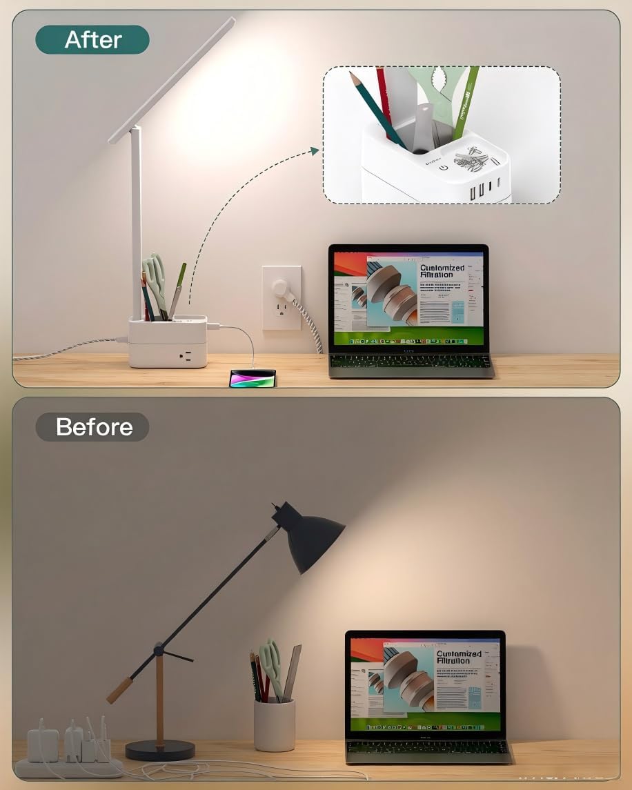 Addtam Desk Lamp with Pen Holder, LED Desk Lamps for Home Office, Power Strip with 3 Outlets 4 USB Charging Ports(2 USBC), 3 Color Modes Touch Lamp, Study Lamps for College Dorm Room Essentials, White
