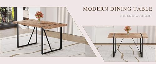 Miniatura 9 de Una mesa de comedor rectangular retro minimalista con una parte superior especialmente texturizada y patas de metal negro. Mesa de madera