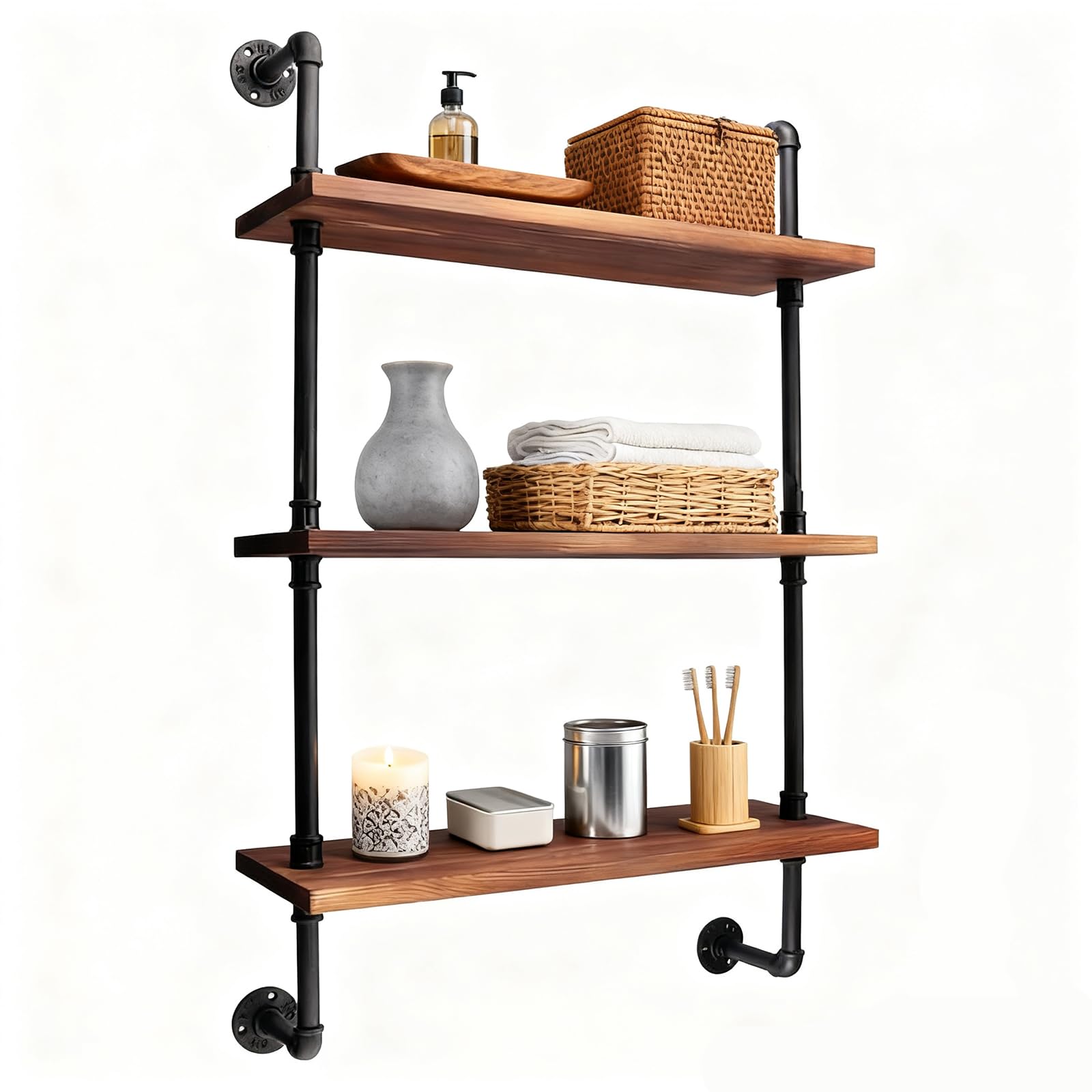 eSynic 3-Tier Industrial Pipe Wall Mount Shelves,Rustic Dark Floating Shelves with Brackets,Wooden Wall Mounted Shelves for Bedroom Kitchen Living Room