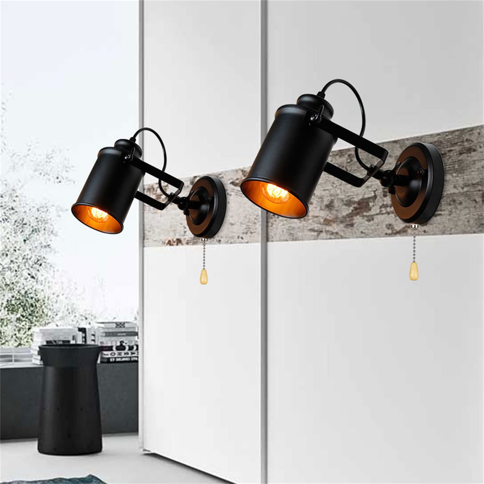 Apliques de Pared LED de Estilo Industrial Retro con Interruptor de Tiro, lámparas metálicas Modernas giratorias 180° con Casquillo E27 para Dormitorio, Sala de Estar, Pasillo y ha