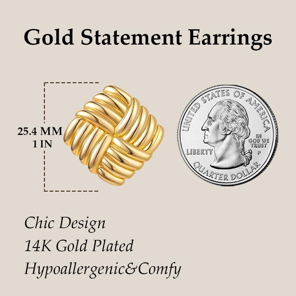 Gold Chunky Statement Earrings for Women, Trendy 14K Gold Plated Drop Dangle Square Geometric Vintage Designer Stud Earrings, Jewelry Gift - Image 6