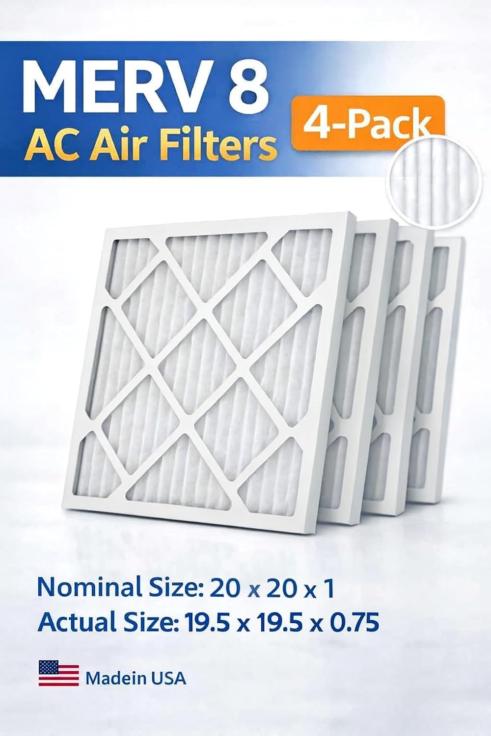 20x20x1 Air Filter, MERV 8, Pleated HVAC Replacement – Actual Size 19.5x19.5x0.75, Dust Control, Pack of 4, Made in USA