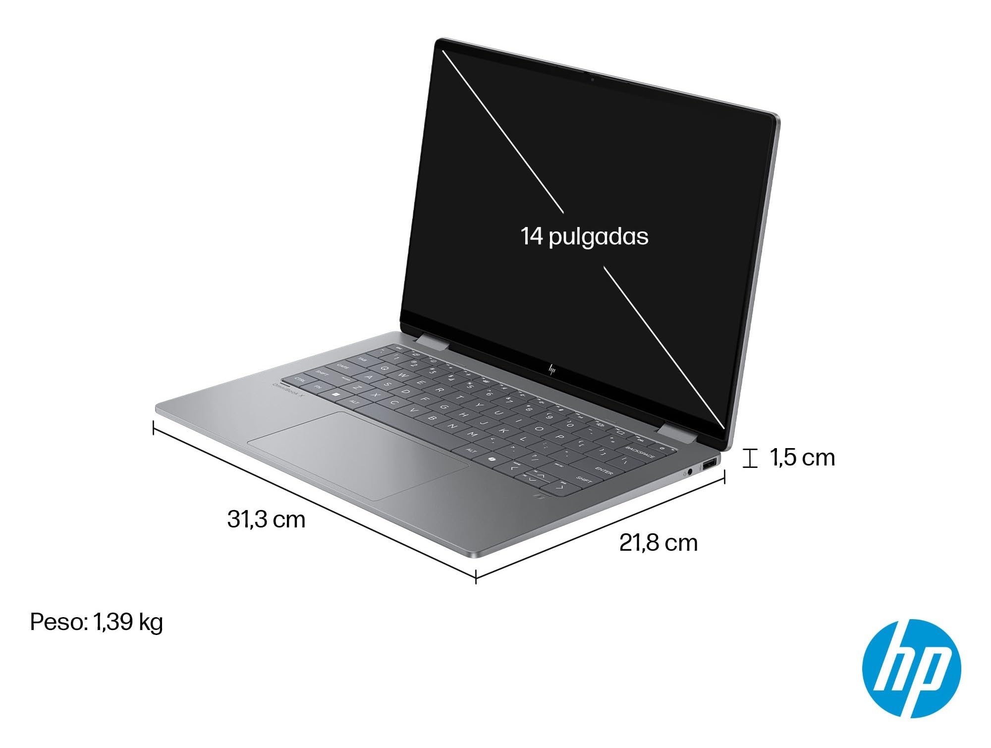 HP Omnibook X Flip - Ordenador portátil Convertible de 14" 3K OLED táctil Ryzen AI 7 350, 32GB RAM, 1TB SSD, AMD Radeon 860M Graphics, Windows 11 Home Silver - Teclado QWERTY Español