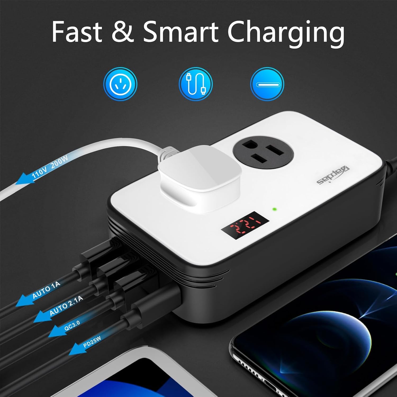 300W Car Power Inverter DC 12V to AC 110V Car Outlet Adapter Plug with PD 25W USB-C, QC3.0 and LCD Display Car Charger Loptop - 3