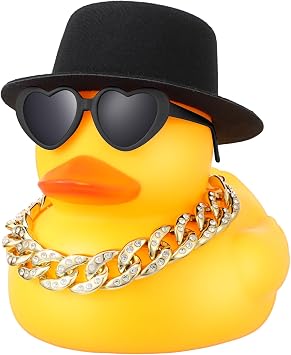 Honoson 6.89 Inches Large Rubber Duck Funny Giant Rubber Duck with Hat and Sunglasses Big Squeaky Duckling Car Ornaments Duckling for Dashboard Decorations Bath ToyYellow