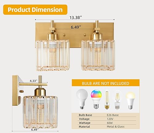 Miniatura 6 de SANKERFAN - 3 luces de cristal dorado cepillado para tocador de baño, moderna lámpara de pared de baño, lámparas de cristal sobre espejo para sala