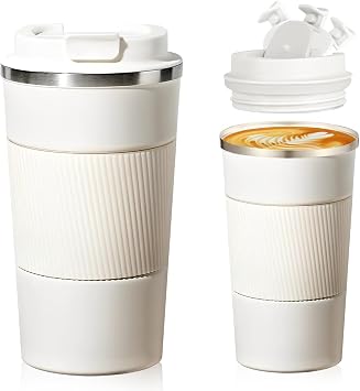 Travel Mug, Insulated Coffee Cup with Leakproof Lid, Reusable Coffee Cups Travel Cup, Stainless Steel thermaol Mug for Hot Cold Drinks White 380ml