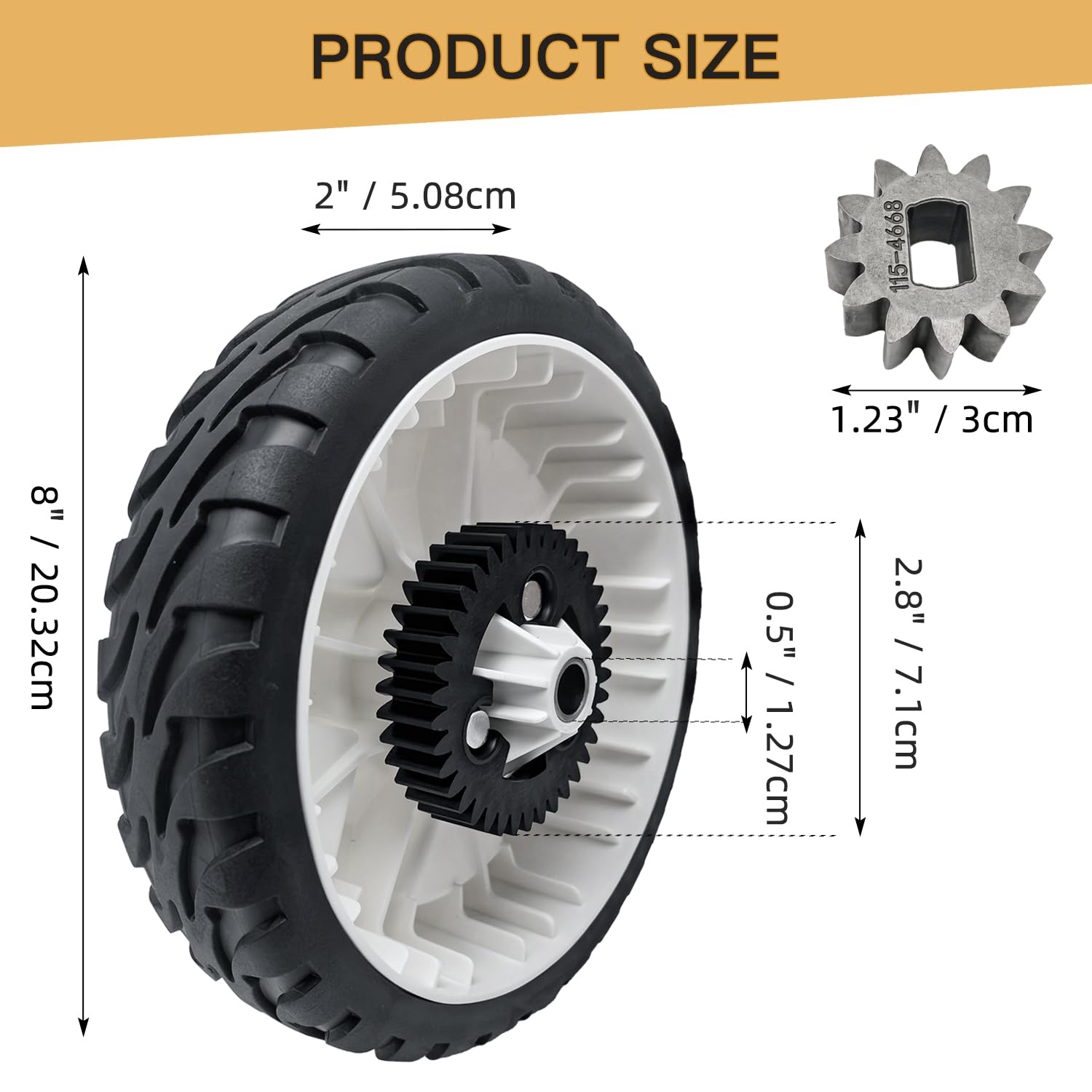 Set di 2 ruote in plastica da 8 pollici 115-4695 138-3216 con kit pignone 115-4668 per tosaerba Toro 22" RWD Recycler Push compatibile con Toro 20332 20333 20334 20338 20338 200 352