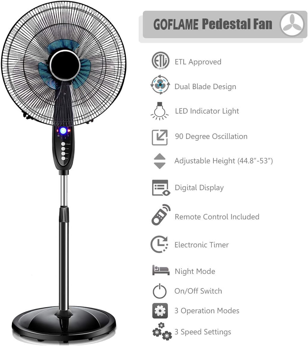 GOFLAME 16" Dual Blade Pedestal Fan, Oscillating Stand Fan Height Adjustable with Remote Control, 3 Speed Settings, Timer, LCD Display, Ideal for Bedroom, Living Room, Office