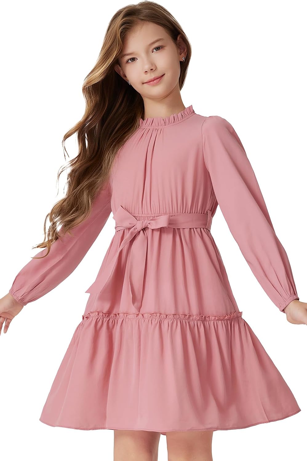 Girls Floral Ruffle Sleeve Tiered Midi Dress with Belt Pockets 5-12 Years