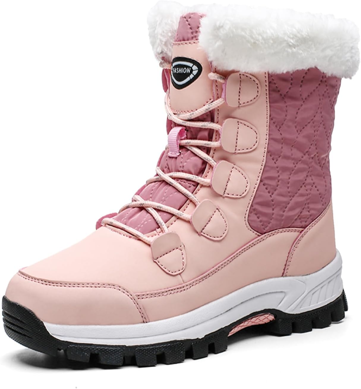 Women's Winter Faux Leather Platform Lace-Up Snow Boots Fashion Round Toe Fur Lined Lug Sole Outdoor Waterproof Non-Slip Mid Calf Warm Boots