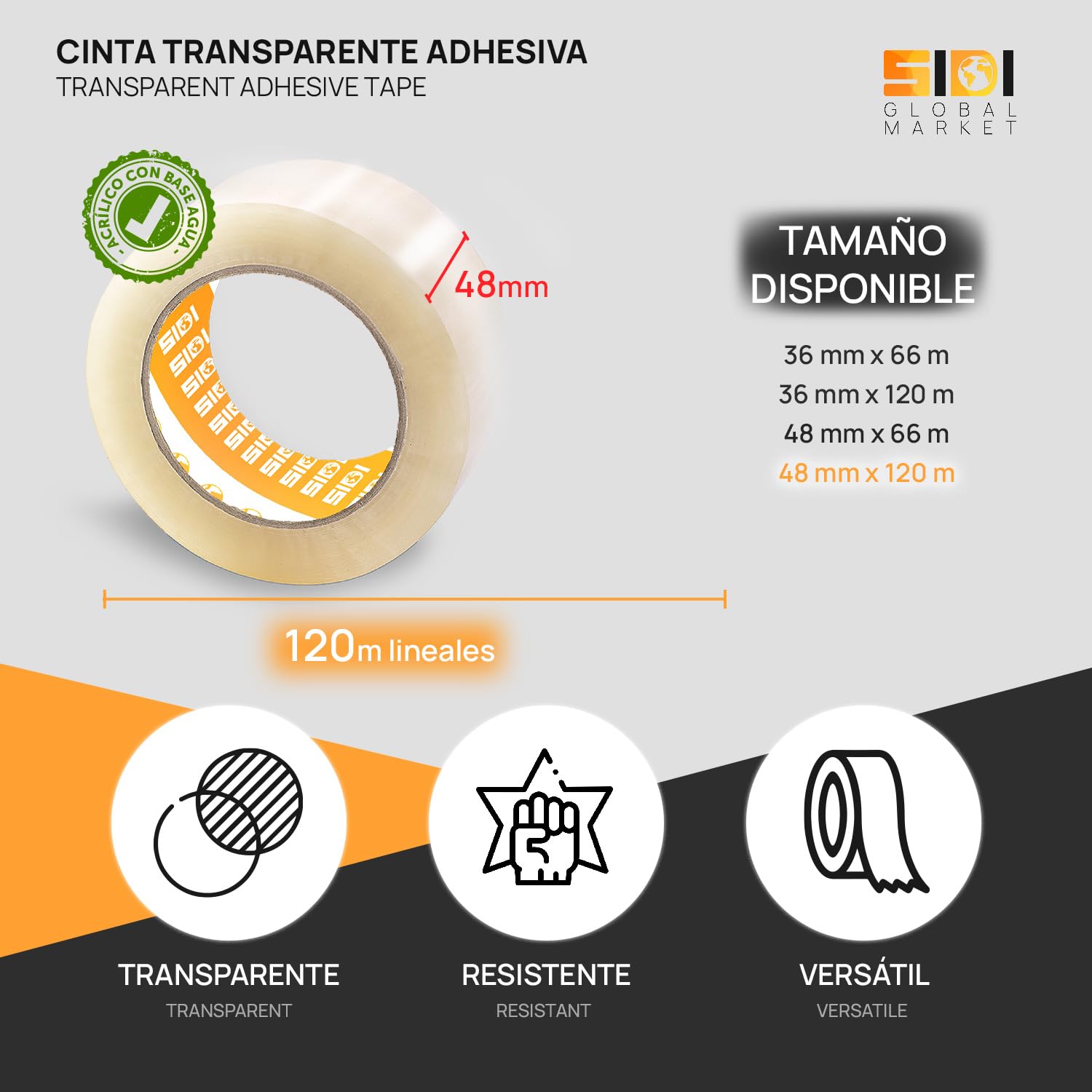 Cinta Embalar, Cinta Adhesiva Transparente, Precinto Embalar, Cinta de Embalar Cajas Mudanza y de Envío, Cinta Embalaje Transparente Ancha 48 mm x 120 m - SIDI (24 uds)