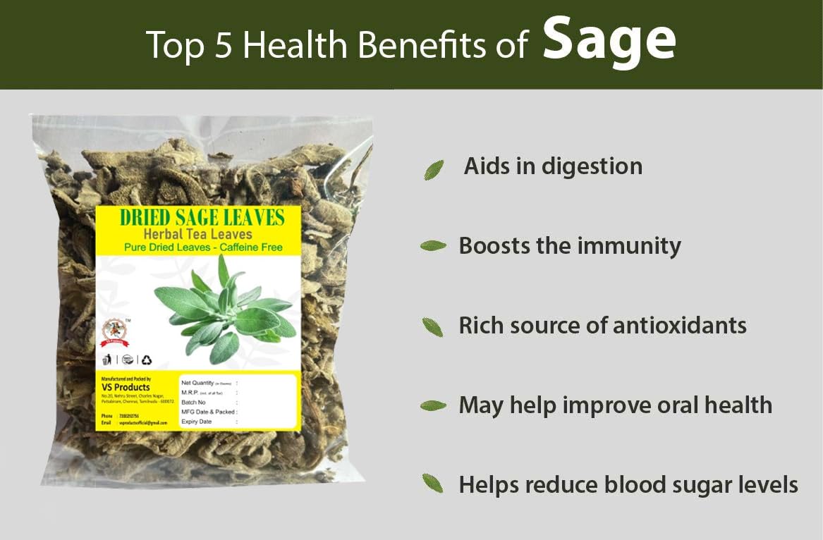 VS Products Sun Dried Sage Leaves, 100g, Anti-Inflammatory, DETOX Tea, Rich in VIT A & C, Herbal Tea Leaf(Pack of 1 X 100gm) 1