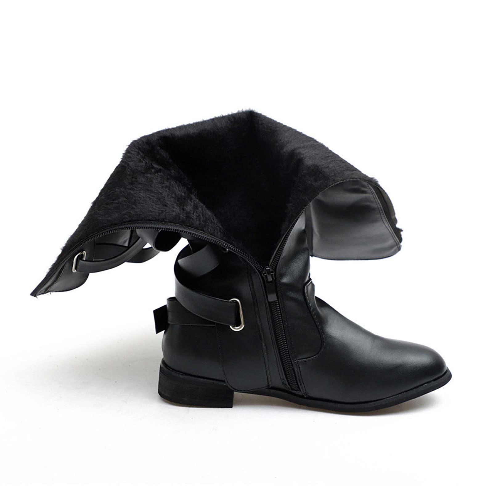 FGUUTYM Stivali da donna neri a gambo lungo, stile retrò, da donna, in pelle, piatti, con chiusura lampo laterale