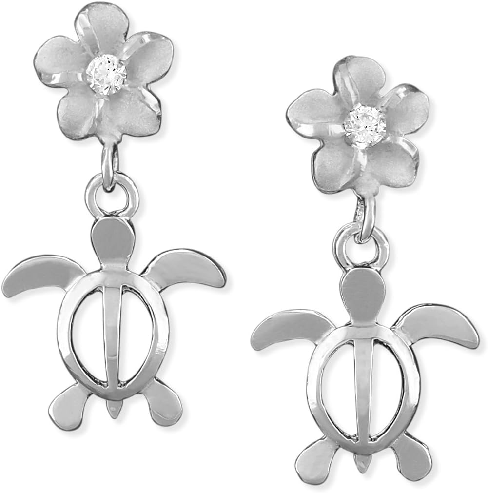 Sterling Silver Small Turtle and Plumeria Dangle Earrings