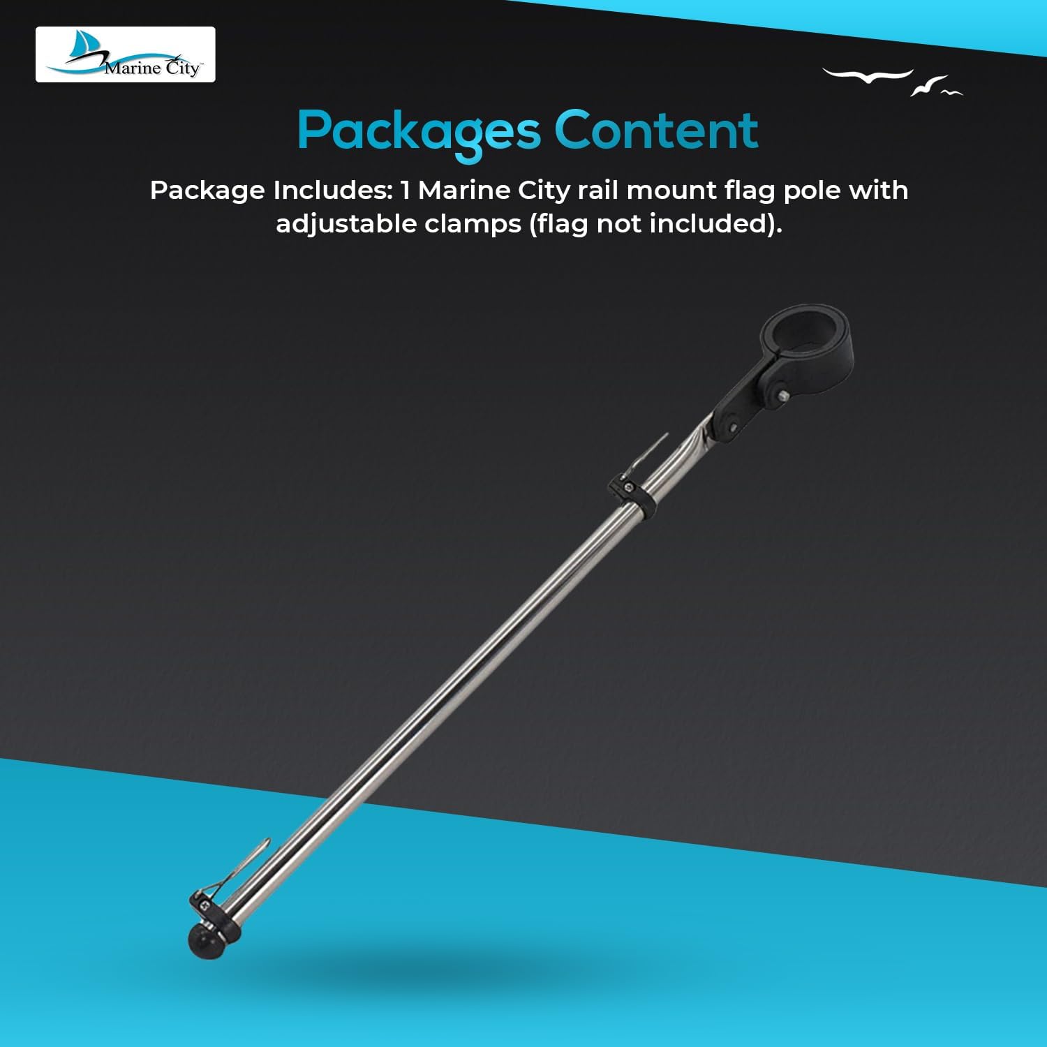 MARINE CITY 304 Grade Stainless Steel Sturdy Rail Mount Flag Staff Pole with Adjustable Rail Clamp for US Flag