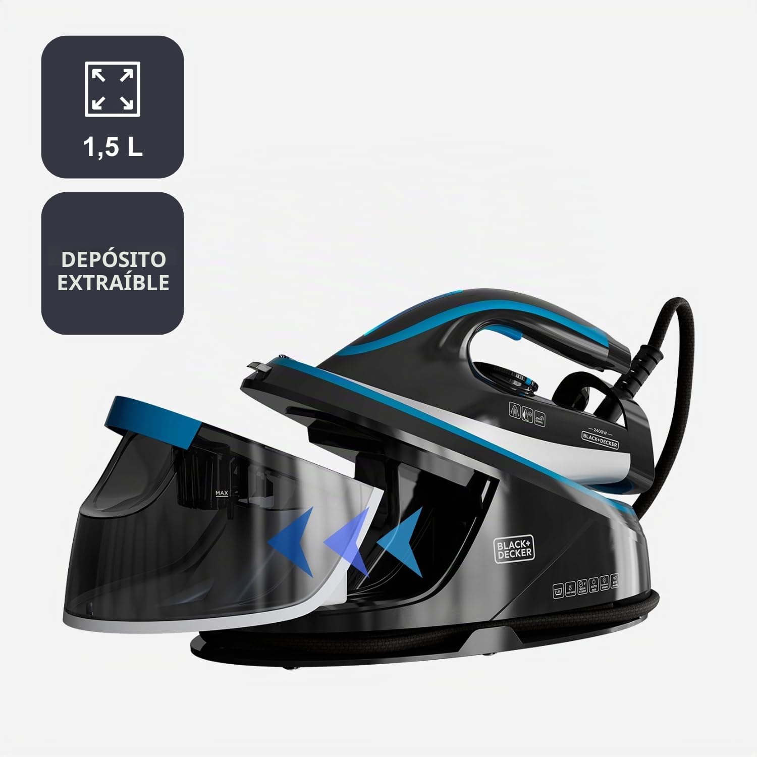 Black+Decker - Centro de Planchado 2400W, Base Cerámica, Vapor 200g