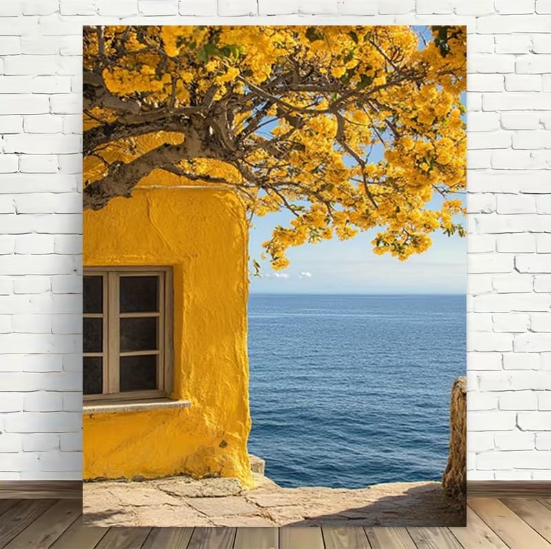 Mural de pared con árbol de flores doradas lámina decorativa de paisaje marino de 70x100 cm