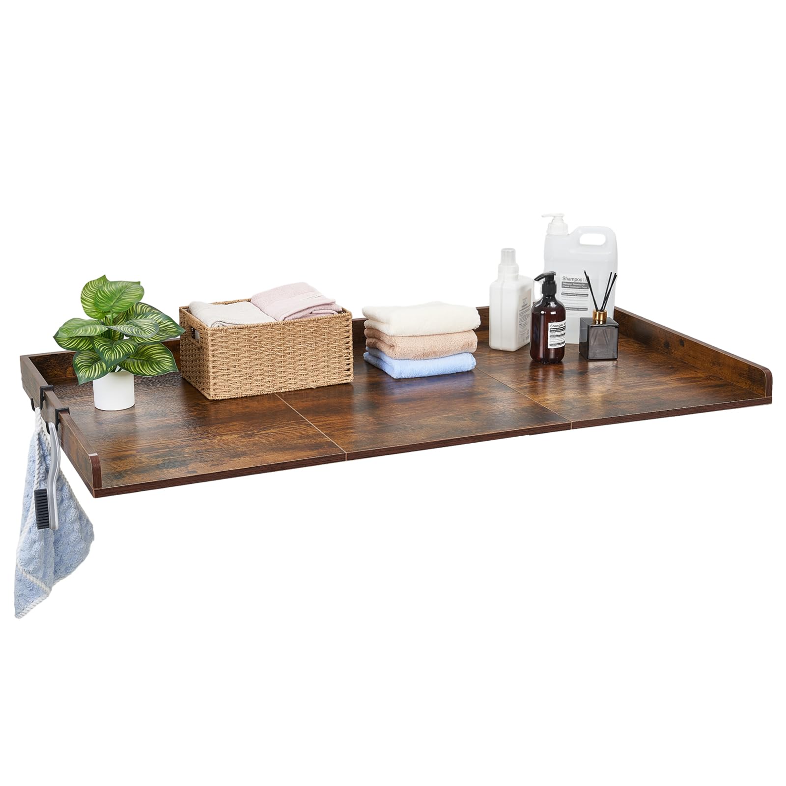 VEVOR Blat do pralki i suszarki do prania 137 x 69,9 cm, wodoodporny blat roboczy do pralni, szafka balkonowa, drewniana, z krawędzią i 2 haczykami, brązowy