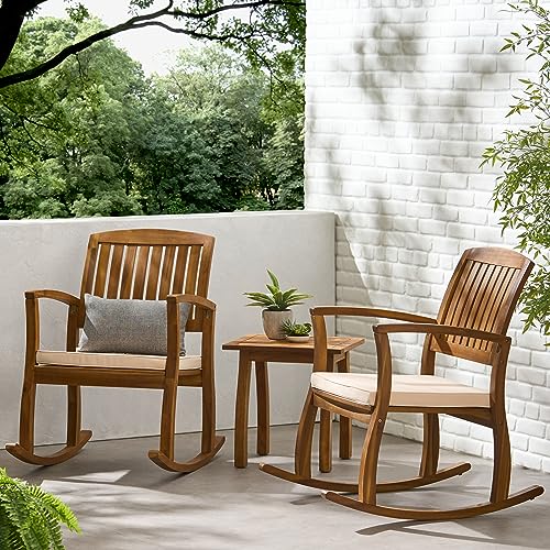 Christopher Knight Home Selma Acacia Rocking Chairs with Cushions, 2-Pcs Set, Teak Finish