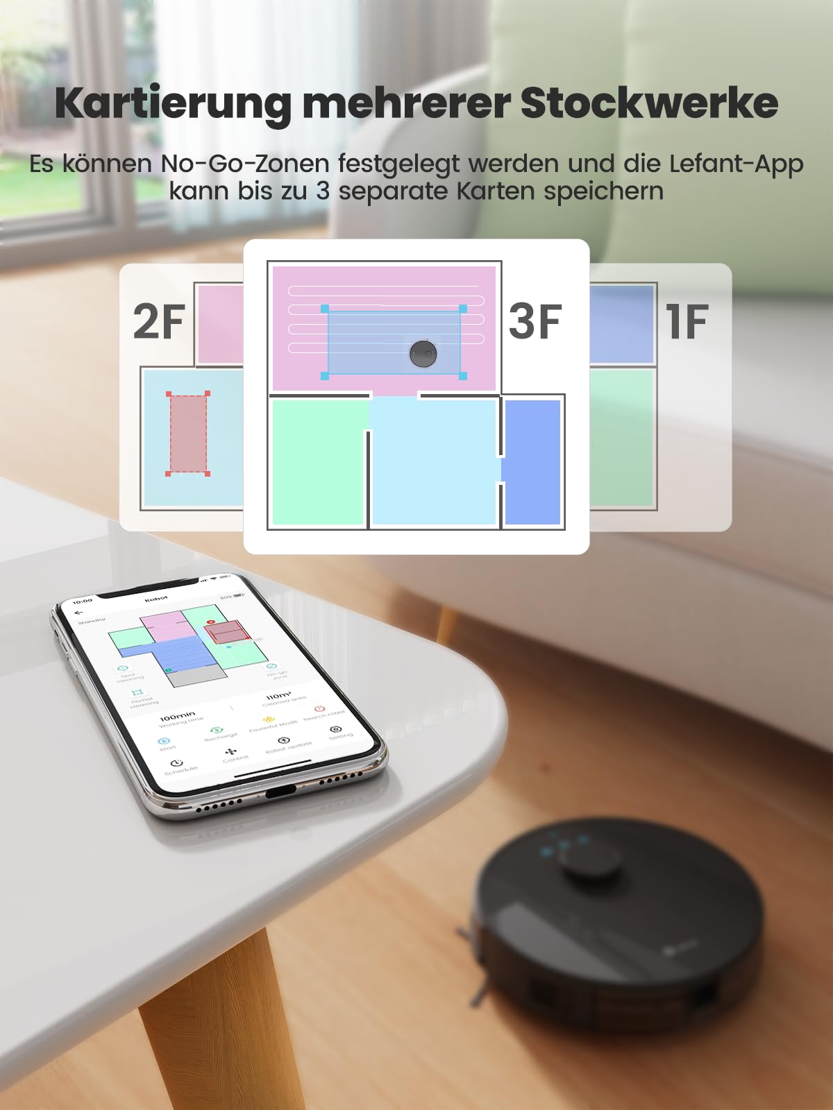 Lefant M1 Staubsauger Roboter mit 8 No-Go-Zonen, Laser Navigation, Saugroboter mit Wischfunktion Selbstaufladend 5500Pa, für Tierhaare und Hartböden, App-/Alexa-Steuerung