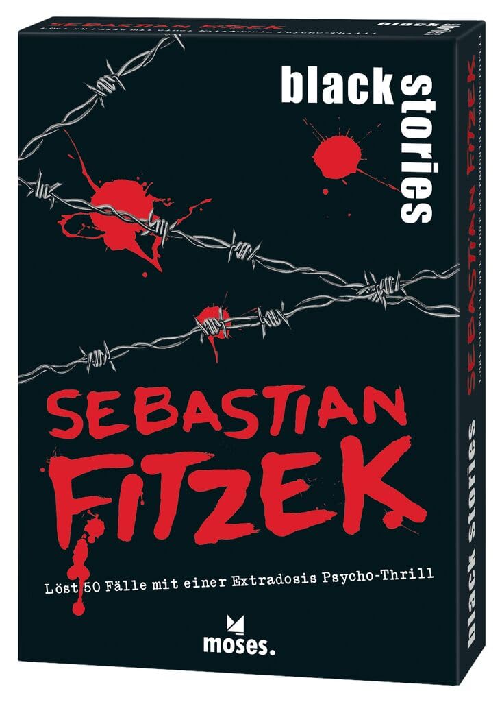 Moses Black Stories Sebastian Fitzek-50 Fälle mit Einer Extradosis Psycho-Thrill Krimi Kartenspiel mit Spielvariante und Punktechips, Rätselspiel für Jugendliche und Erwachsene