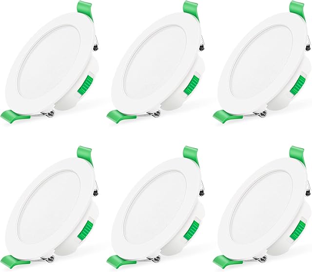 ALUSSO LED Recessed Ceiling Lights Dimmable 7W Slim Downlights IP44 Spotlights, 3000K Warm/4000K Neutral/5700K Cool Adjustable Round White Spot Lights for Bathroom Kitchen, Cutout Ø67-75mm, 6 Pack