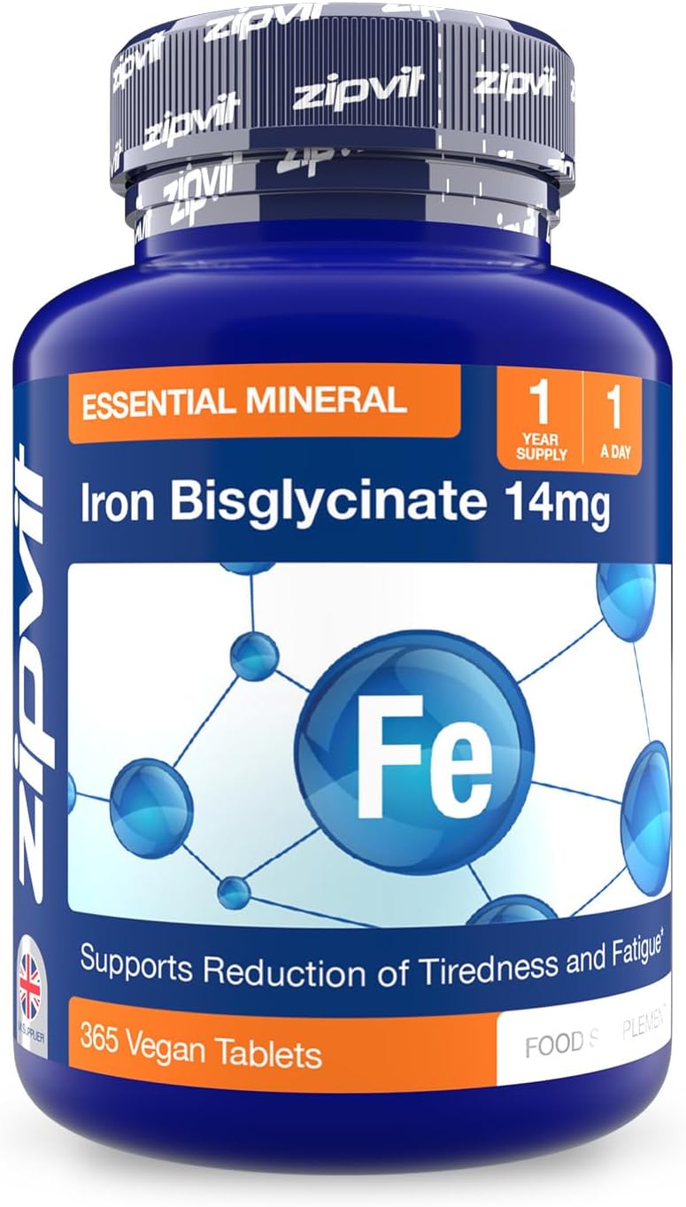 Zipvit Iron Tablets 14mg, (1 Year Supply), Supports Energy & Immunity, Iron Supplements for Women and Men as Bisglycinate Form, 365 Vegan Tablets