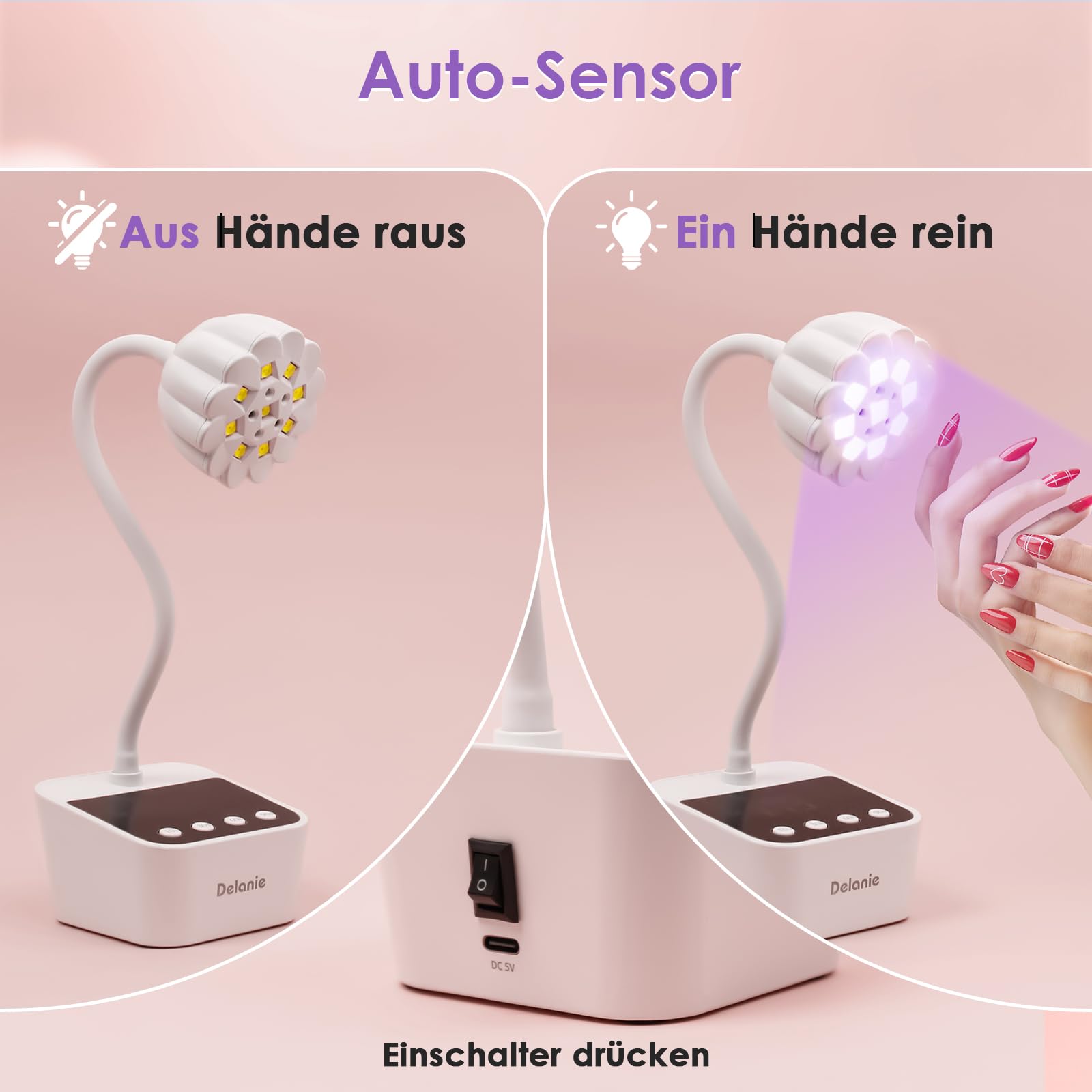 Delanie Mini UV Lampe für Nägel Schnelltrocknung mit Auto Sensor & Anzeige, Wiederaufladbare Nagel UV Lampe Schwanenhals 360° einstellbar mit 4 Timer-Modus, tragbare UV Nagellampe für Gelnägel