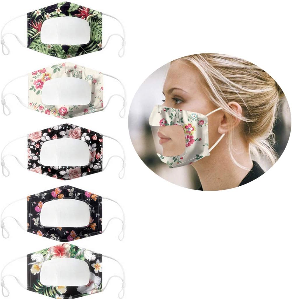 EvaFAST Breathable Facemasks Reusable Washable with Clear Window Visible Expression Lip Reading, for Adults and Deaf and Hard Of Hearing comfortable Lightweight Face Bandanas 5PACK (A)