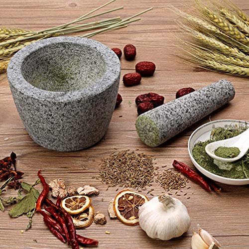 Mortar and Pestle Set with Longer Pestle(6.25'') and Anti-scratch Pad, Granite Unpolished Molcajete, Spices Grinder for Guacamole, Herb, Spices, Pastes, Salads - Thumbnail 2