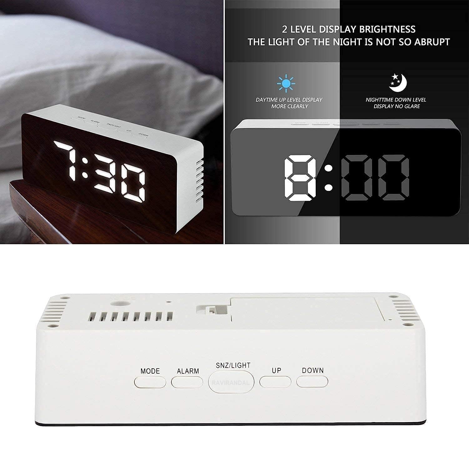 RAVIRANDAL Digital LED Mirror Alarm Clock Smart Back Light Table Mirror Alarm Clock with Sensor Date and Temperature for Office Home and Bedroom for Heavy Sleeper (Mirror Clock) 3