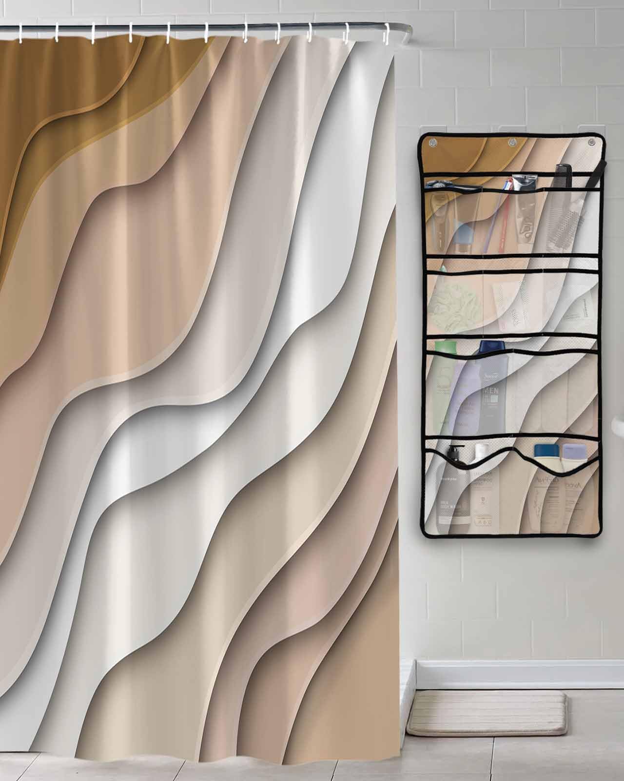 Shower Curtain Mesh Shower Organizer Hanging Set Modern Abstract Geometric Beige Gradient Waterproof Shower Curtains with 10 Pockets