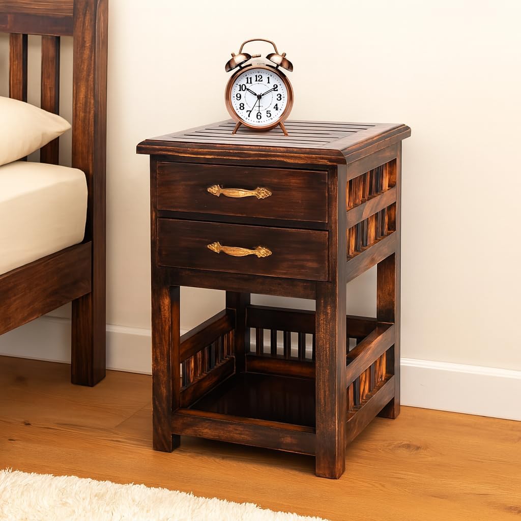 Solid Mango Wooden Bedside Table with 2 Drawers Storage and Open Shelf, Handcrafted Nightstand, Side Table for Bedroom & Living Room 14 x 14 x 21 inches (Antique)-image-14