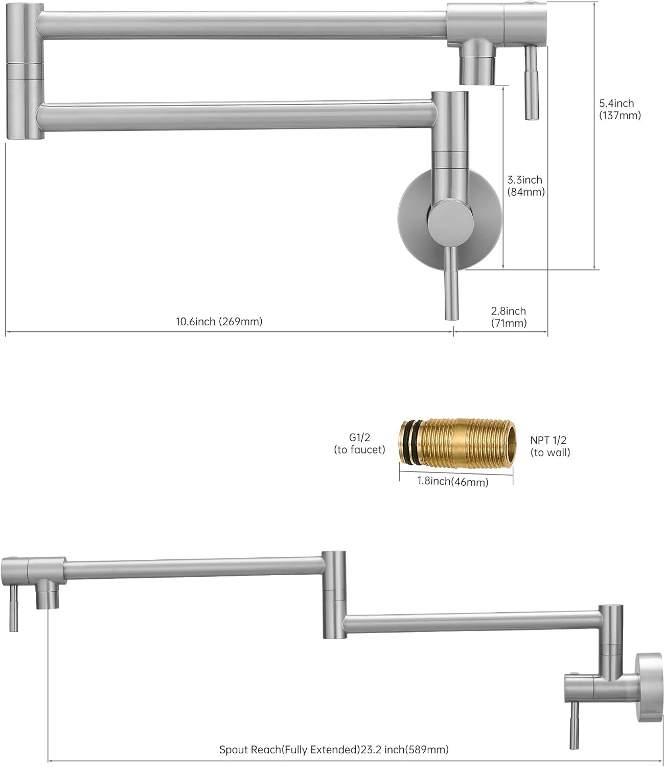 Fransiton Brushed Nickel Pot Filler, Pot Filler Faucet Wall Mount, Brass Folding Stretchable with Double Joint Swing Arm Single Hole Two Handles Kitchen Restaurant - Image 6