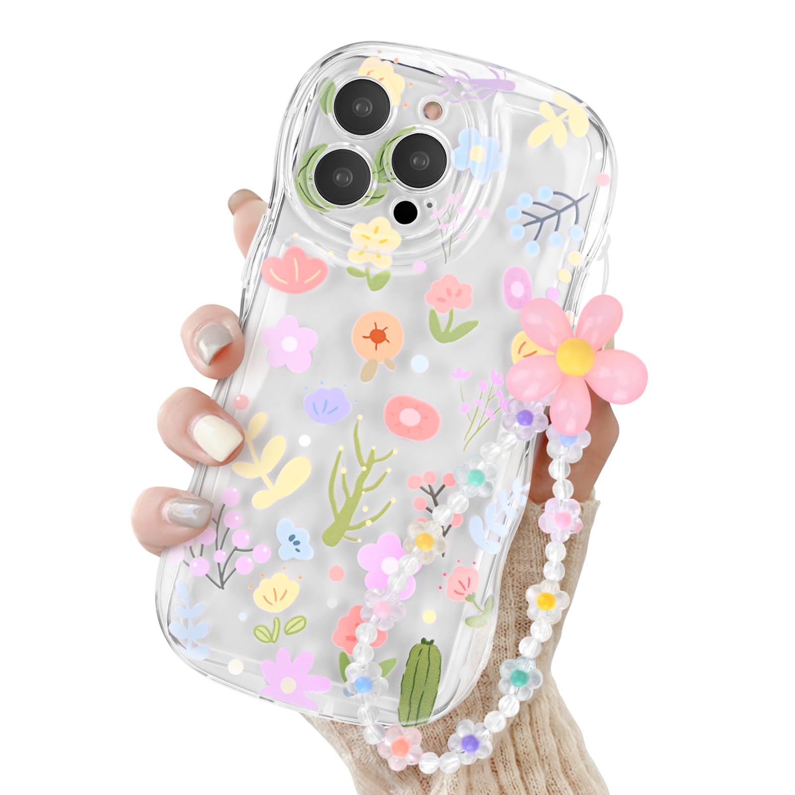 for iPhone 13 Pro Max Case, Cute Colorful Flower Curly Wave Clear Case with Lovely Flower Bracelet Chain for Women Girls Soft TPU Shockproof Protective Case Cover for iPhone 13 Pro Max