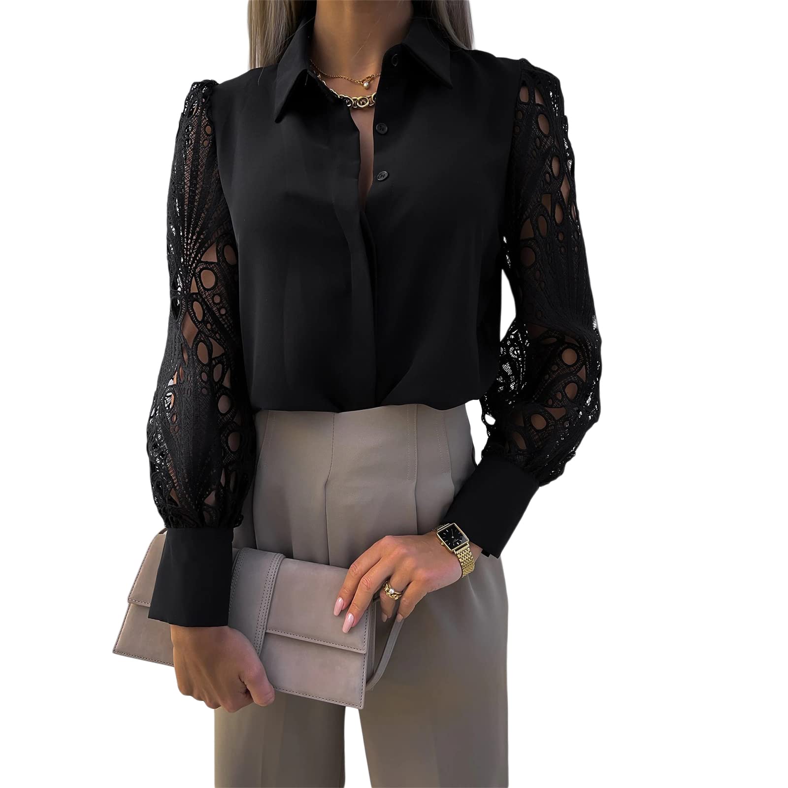 Loalirando Blusa Elegante de Mujer Camisa Informal con Manga Larga de Encaje Transparente Shirt Femenino de Cuello en V Top Blusa Sexy de Color Sólido Camisa de Ocio de Mujer